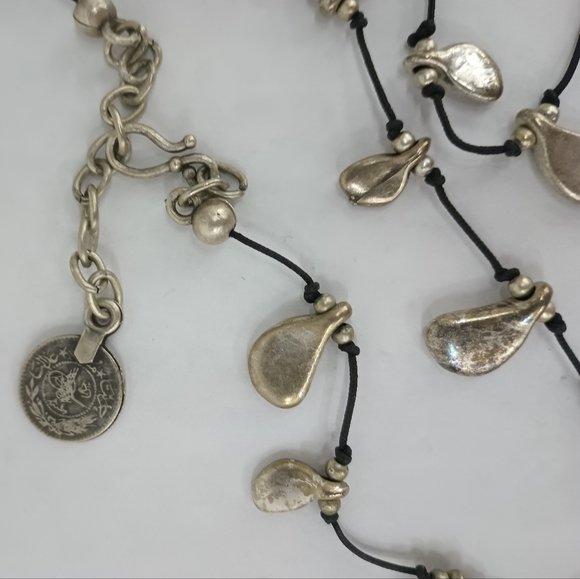 Black Silk with Pewter Tear Drop Long Statement Necklace - Picture 2 of 5